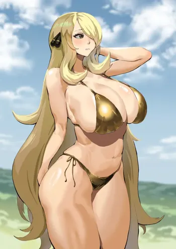 Cynthia is embarrassed to wear a gold bikini, 日本語