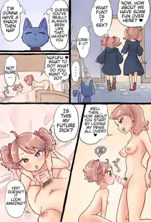 A story about a futanari witch who summons her past self with summoning magic and has sex with her smaller self, English